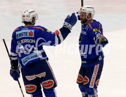 EBEL. Eishockey Bundesliga. EC VSV gegen Dornbirn Bulldogs. Torjubel Brandon Alderson, Markus Schlacher  (VSV). Villach, am 1.2.2019.
Foto: Kuess 


---
pressefotos, pressefotografie, kuess, qs, qspictures, sport, bild, bilder, bilddatenbank