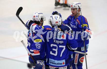 EBEL. Eishockey Bundesliga. EC VSV gegen Dornbirn Bulldogs.  Torjubel Stefan Bacher, Christof Kromp, Philipp Wohlfahrt, Felix Maxa (VSV). Villach, am 1.2.2019.
Foto: Kuess 


---
pressefotos, pressefotografie, kuess, qs, qspictures, sport, bild, bilder, bilddatenbank