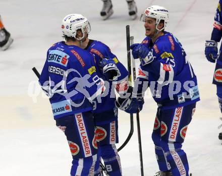 EBEL. Eishockey Bundesliga. EC VSV gegen Dornbirn Bulldogs.  Torjubel Brandon Alderson, Stefan Bacher (VSV). Villach, am 1.2.2019.
Foto: Kuess 


---
pressefotos, pressefotografie, kuess, qs, qspictures, sport, bild, bilder, bilddatenbank