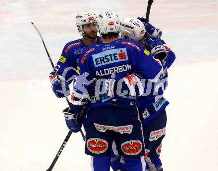 EBEL. Eishockey Bundesliga. EC VSV gegen Dornbirn Bulldogs.  Torjubel Brandon Alderson, Markus Schlacher, MacGregor Sharp (VSV). Villach, am 1.2.2019.
Foto: Kuess 


---
pressefotos, pressefotografie, kuess, qs, qspictures, sport, bild, bilder, bilddatenbank