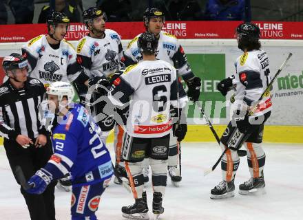 EBEL. Eishockey Bundesliga. EC VSV gegen Dornbirn Bulldogs. Torjubel Brodie Reid, Alexandre Picard, Olivier Magnan, Jerome Gauthier Leduc, Scott Timmins  (Dornbirn). Villach, am 1.2.2019.
Foto: Kuess 


---
pressefotos, pressefotografie, kuess, qs, qspictures, sport, bild, bilder, bilddatenbank