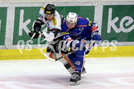 EBEL. Eishockey Bundesliga. EC VSV gegen Dornbirn Bulldogs.  Benjamin Lanzinger,  (VSV), Stefan Haeussle (Dornbirn). Villach, am 1.2.2019.
Foto: Kuess 


---
pressefotos, pressefotografie, kuess, qs, qspictures, sport, bild, bilder, bilddatenbank