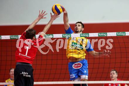 AVL. Volleyball Bundesliga. VBK Woerthersee Loewen Klagenfurt gegen SK Posojilnica Aich/Dob. Christan Rainer,  (Loewen), Maximilian Landfahrer (Aich/Dob). Klagenfurt, am 2.2.2019.
Foto: Kuess
---
pressefotos, pressefotografie, kuess, qs, qspictures, sport, bild, bilder, bilddatenbank