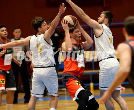 Basketball 2. Bundesliga. Grunddurchgang 17. Runde. Woerthersee Piraten gegen UBC St. Poelten. Sebastian Schaal,  Matic Sirnik (Woerthersee Piraten), Martin Speiser (St. Poelten). Klagenfurt, am 2.2.2019.
Foto: Kuess
---
pressefotos, pressefotografie, kuess, qs, qspictures, sport, bild, bilder, bilddatenbank