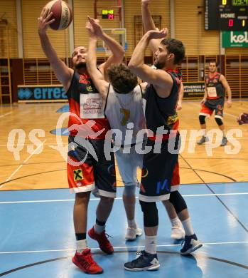 Basketball 2. Bundesliga. Grunddurchgang 17. Runde. Woerthersee Piraten gegen UBC St. Poelten. Lukas Simoner  (Woerthersee Piraten), Florian Poecksteiner, Lukas Boeck (St. Poelten). Klagenfurt, am 2.2.2019.
Foto: Kuess
---
pressefotos, pressefotografie, kuess, qs, qspictures, sport, bild, bilder, bilddatenbank