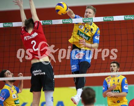 AVL. Volleyball Bundesliga. VBK Woerthersee Loewen Klagenfurt gegen SK Posojilnica Aich/Dob. David Petschnig,  (Loewen),  Nicolas Grabmueller (Aich/Dob). Klagenfurt, am 2.2.2019.
Foto: Kuess
---
pressefotos, pressefotografie, kuess, qs, qspictures, sport, bild, bilder, bilddatenbank