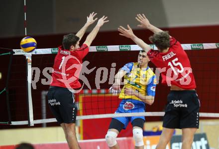 AVL. Volleyball Bundesliga. VBK Woerthersee Loewen Klagenfurt gegen SK Posojilnica Aich/Dob. Christian Rainer, Felix Friedl (Loewen), Kacper Stelmach (Aich/Dob). Klagenfurt, am 2.2.2019.
Foto: Kuess
---
pressefotos, pressefotografie, kuess, qs, qspictures, sport, bild, bilder, bilddatenbank