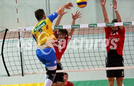 AVL. Volleyball Bundesliga. VBK Woerthersee Loewen Klagenfurt gegen SK Posojilnica Aich/Dob. Adonis Alagic, Simon Baldauf, (Loewen), Maximilian Landfahrer  (Aich/Dob). Klagenfurt, am 2.2.2019.
Foto: Kuess
---
pressefotos, pressefotografie, kuess, qs, qspictures, sport, bild, bilder, bilddatenbank