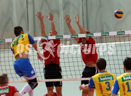 AVL. Volleyball Bundesliga. VBK Woerthersee Loewen Klagenfurt gegen SK Posojilnica Aich/Dob. Simon Baldauf, Felix Friedl (Loewen), Maximilian Landfahrer (Aich/Dob). Klagenfurt, am 2.2.2019.
Foto: Kuess
---
pressefotos, pressefotografie, kuess, qs, qspictures, sport, bild, bilder, bilddatenbank