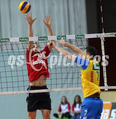 AVL. Volleyball Bundesliga. VBK Woerthersee Loewen Klagenfurt gegen SK Posojilnica Aich/Dob. Simon Baldauf,  (Loewen), Kacper Stelmach (Aich/Dob). Klagenfurt, am 2.2.2019.
Foto: Kuess
---
pressefotos, pressefotografie, kuess, qs, qspictures, sport, bild, bilder, bilddatenbank
