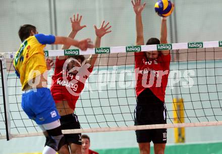 AVL. Volleyball Bundesliga. VBK Woerthersee Loewen Klagenfurt gegen SK Posojilnica Aich/Dob. Adonis Alagic, Simon Baldauf, (Loewen), Maximilian Landfahrer  (Aich/Dob). Klagenfurt, am 2.2.2019.
Foto: Kuess
---
pressefotos, pressefotografie, kuess, qs, qspictures, sport, bild, bilder, bilddatenbank