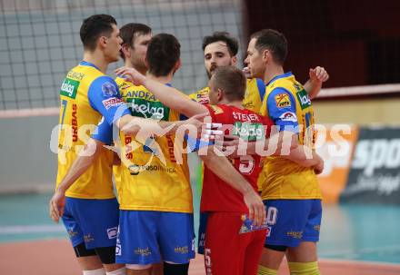 AVL. Volleyball Bundesliga. VBK Woerthersee Loewen Klagenfurt gegen SK Posojilnica Aich/Dob.  Jubel (Aich/Dob). Klagenfurt, am 2.2.2019.
Foto: Kuess
---
pressefotos, pressefotografie, kuess, qs, qspictures, sport, bild, bilder, bilddatenbank