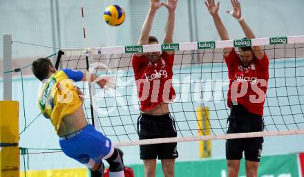 AVL. Volleyball Bundesliga. VBK Woerthersee Loewen Klagenfurt gegen SK Posojilnica Aich/Dob. Arwin Kopschar, Simon Baldauf, (Loewen), Maximilian Landfahrer  (Aich/Dob). Klagenfurt, am 2.2.2019.
Foto: Kuess
---
pressefotos, pressefotografie, kuess, qs, qspictures, sport, bild, bilder, bilddatenbank