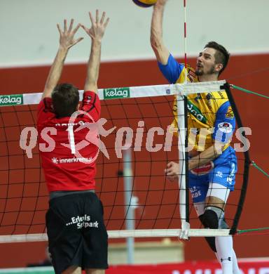 AVL. Volleyball Bundesliga. VBK Woerthersee Loewen Klagenfurt gegen SK Posojilnica Aich/Dob. Christian Rainer,  (Loewen), Maximilian Landfahrer (Aich/Dob). Klagenfurt, am 2.2.2019.
Foto: Kuess
---
pressefotos, pressefotografie, kuess, qs, qspictures, sport, bild, bilder, bilddatenbank