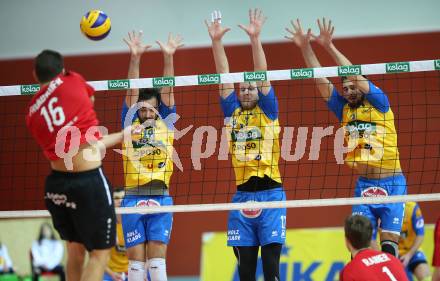 AVL. Volleyball Bundesliga. VBK Woerthersee Loewen Klagenfurt gegen SK Posojilnica Aich/Dob. Simon Fruehbauer,  (Loewen), Jure Kasnik, Nicolas Grabmueller, Maximilian Landfahrer (Aich/Dob). Klagenfurt, am 2.2.2019.
Foto: Kuess
---
pressefotos, pressefotografie, kuess, qs, qspictures, sport, bild, bilder, bilddatenbank