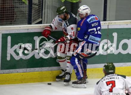 EBEL. Eishockey Bundesliga. EC VSV gegen HCB Suedtirol Alperia.  Bernd Wolf,  (VSV), Angelo Miceli (Bozen). Villach, am 3.2.2019.
Foto: Kuess 


---
pressefotos, pressefotografie, kuess, qs, qspictures, sport, bild, bilder, bilddatenbank