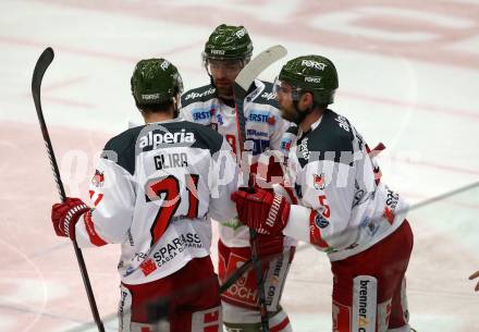 EBEL. Eishockey Bundesliga. EC VSV gegen HCB Suedtirol Alperia. Torjubel Daniel Glira, Marco Insam, Matthew MacKenzie (Bozen). Villach, am 3.2.2019.
Foto: Kuess 


---
pressefotos, pressefotografie, kuess, qs, qspictures, sport, bild, bilder, bilddatenbank