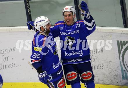 EBEL. Eishockey Bundesliga. EC VSV gegen HCB Suedtirol Alperia.  Torjubel Blaine Down, Jerry Pollastrone (VSV). Villach, am 3.2.2019.
Foto: Kuess 


---
pressefotos, pressefotografie, kuess, qs, qspictures, sport, bild, bilder, bilddatenbank