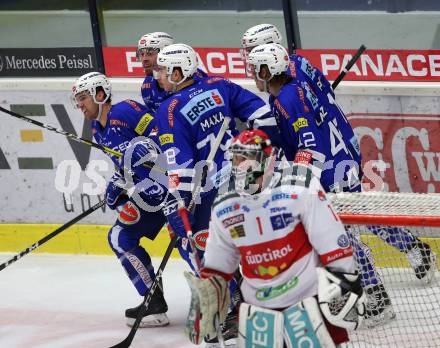 EBEL. Eishockey Bundesliga. EC VSV gegen HCB Suedtirol Alperia. Torjubel Jason Desantis, Nicolas Petrik, Bernd Wolf, Felix Maxa, Benjamin Lanzinger  (VSV). Villach, am 3.2.2019.
Foto: Kuess 


---
pressefotos, pressefotografie, kuess, qs, qspictures, sport, bild, bilder, bilddatenbank