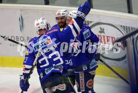 EBEL. Eishockey Bundesliga. EC VSV gegen HCB Suedtirol Alperia. Torjubel Blaine Down, Jerry Pollastrone, Markus Schlacher  (VSV). Villach, am 3.2.2019.
Foto: Kuess 


---
pressefotos, pressefotografie, kuess, qs, qspictures, sport, bild, bilder, bilddatenbank