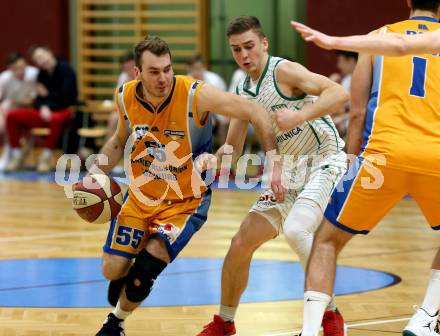 Basketball 2. Bundesliga. Grunddurchgang 18. Runde. KOS Celovec gegen   	BBU Salzburg. Jan Razdevsek,  (KOS), Luka Milovac (Salzburg). Klagenfurt, am 9.2.2019.
Foto: Kuess
---
pressefotos, pressefotografie, kuess, qs, qspictures, sport, bild, bilder, bilddatenbank