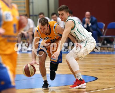 Basketball 2. Bundesliga. Grunddurchgang 18. Runde. KOS Celovec gegen   	BBU Salzburg. Jan Razdevsek,  (KOS), Luka Milovac (Salzburg). Klagenfurt, am 9.2.2019.
Foto: Kuess
---
pressefotos, pressefotografie, kuess, qs, qspictures, sport, bild, bilder, bilddatenbank