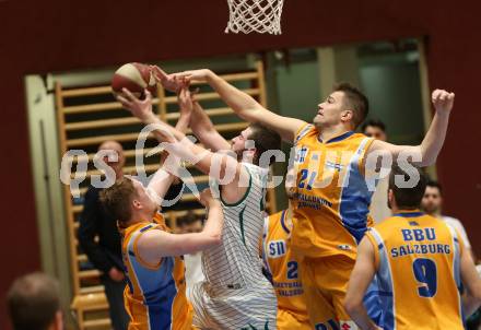 Basketball 2. Bundesliga. Grunddurchgang 18. Runde. KOS Celovec gegen   	BBU Salzburg. Jaka Stemberger,  (KOS), Christian Joch, Mladen Perak (Salzburg). Klagenfurt, am 9.2.2019.
Foto: Kuess
---
pressefotos, pressefotografie, kuess, qs, qspictures, sport, bild, bilder, bilddatenbank