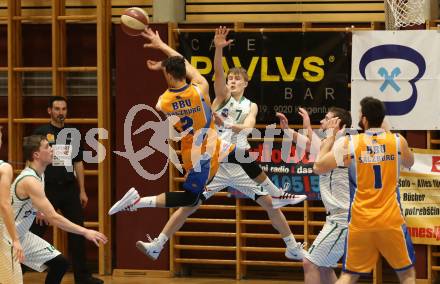 Basketball 2. Bundesliga. Grunddurchgang 18. Runde. KOS Celovec gegen   	BBU Salzburg. Valentin Pasterk,  (KOS), Adrian Mitchell (Salzburg). Klagenfurt, am 9.2.2019.
Foto: Kuess
---
pressefotos, pressefotografie, kuess, qs, qspictures, sport, bild, bilder, bilddatenbank
