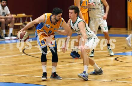 Basketball 2. Bundesliga. Grunddurchgang 18. Runde. KOS Celovec gegen   	BBU Salzburg. Andi Smrtnik,  (KOS), Dimitrios Mouratoglou (Salzburg). Klagenfurt, am 9.2.2019.
Foto: Kuess
---
pressefotos, pressefotografie, kuess, qs, qspictures, sport, bild, bilder, bilddatenbank