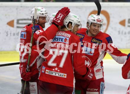 EBEL. Eishockey Bundesliga. KAC gegen	EC Red Bull Salzburg. Torjubel Thomas Hundertpfund, Christoph Duller, Clemens Unterweger (KAC). Klagenfurt, am 12.2.2019.
Foto: Kuess

---
pressefotos, pressefotografie, kuess, qs, qspictures, sport, bild, bilder, bilddatenbank