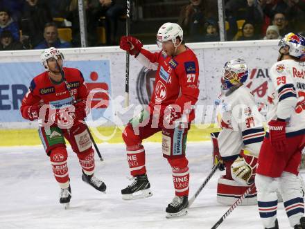 EBEL. Eishockey Bundesliga. KAC gegen	EC Red Bull Salzburg. Torjubel Thomas Hundertpfund, Mitch Wahl (KAC). Klagenfurt, am 12.2.2019.
Foto: Kuess

---
pressefotos, pressefotografie, kuess, qs, qspictures, sport, bild, bilder, bilddatenbank