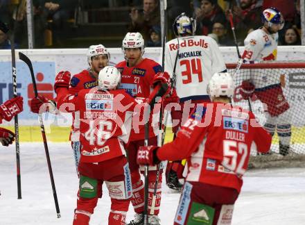 EBEL. Eishockey Bundesliga. KAC gegen	EC Red Bull Salzburg.Torjubel Thomas Hundertpfund, Mitch Wahl, Johannes Bischofberger, Christoph Duller  (KAC). Klagenfurt, am 12.2.2019.
Foto: Kuess

---
pressefotos, pressefotografie, kuess, qs, qspictures, sport, bild, bilder, bilddatenbank