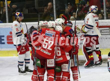 EBEL. Eishockey Bundesliga. KAC gegen	EC Red Bull Salzburg.Torjubel Thomas Hundertpfund, Mitch Wahl, Johannes Bischofberger, Christoph Duller  (KAC). Klagenfurt, am 12.2.2019.
Foto: Kuess

---
pressefotos, pressefotografie, kuess, qs, qspictures, sport, bild, bilder, bilddatenbank