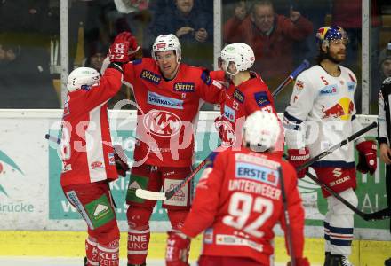 EBEL. Eishockey Bundesliga. KAC gegen	EC Red Bull Salzburg. Torjubel Nicholas Eric Petersen, Thomas Koch, Christoph Duller, Clemens Unterweger (KAC). Klagenfurt, am 12.2.2019.
Foto: Kuess

---
pressefotos, pressefotografie, kuess, qs, qspictures, sport, bild, bilder, bilddatenbank