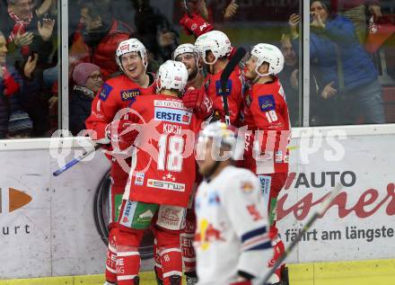 EBEL. Eishockey Bundesliga. KAC gegen	EC Red Bull Salzburg. Torjubel Nicholas Eric Petersen, Thomas Koch, Steven Strong, David Joseph Fischer, Stefan Geier (KAC). Klagenfurt, am 12.2.2019.
Foto: Kuess

---
pressefotos, pressefotografie, kuess, qs, qspictures, sport, bild, bilder, bilddatenbank