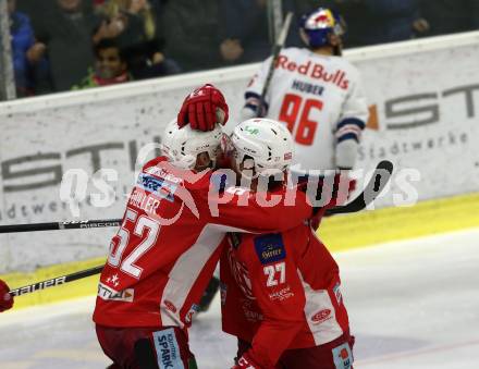 EBEL. Eishockey Bundesliga. KAC gegen	EC Red Bull Salzburg. Torjubel Thomas Hundertpfund, Christoph Duller (KAC). Klagenfurt, am 12.2.2019.
Foto: Kuess

---
pressefotos, pressefotografie, kuess, qs, qspictures, sport, bild, bilder, bilddatenbank