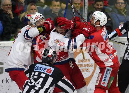 EBEL. Eishockey Bundesliga. KAC gegen	EC Red Bull Salzburg. Patrick Harand, David Joseph Fischer,  (KAC), Michael Schiechl, Peter Hochkofler (Salzburg). Klagenfurt, am 12.2.2019.
Foto: Kuess

---
pressefotos, pressefotografie, kuess, qs, qspictures, sport, bild, bilder, bilddatenbank