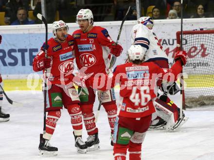 EBEL. Eishockey Bundesliga. KAC gegen	EC Red Bull Salzburg. Torjubel Thomas Hundertpfund, Mitch Wahl, Johannes Bischofberger (KAC). Klagenfurt, am 12.2.2019.
Foto: Kuess

---
pressefotos, pressefotografie, kuess, qs, qspictures, sport, bild, bilder, bilddatenbank
