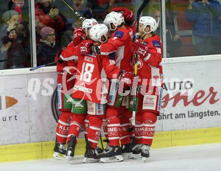 EBEL. Eishockey Bundesliga. KAC gegen	EC Red Bull Salzburg. Torjubel Nicholas Eric Petersen, Thomas Koch, Steven Strong, David Joseph Fischer, Stefan Geier (KAC). Klagenfurt, am 12.2.2019.
Foto: Kuess

---
pressefotos, pressefotografie, kuess, qs, qspictures, sport, bild, bilder, bilddatenbank
