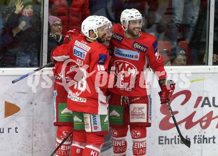 EBEL. Eishockey Bundesliga. KAC gegen	EC Red Bull Salzburg. Torjubel Nicholas Eric Petersen, Thomas Koch, Steven Strong (KAC). Klagenfurt, am 12.2.2019.
Foto: Kuess

---
pressefotos, pressefotografie, kuess, qs, qspictures, sport, bild, bilder, bilddatenbank
