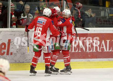 EBEL. Eishockey Bundesliga. KAC gegen	EC Red Bull Salzburg. Torjubel Andrew Jacob Kozek, Patrick Harand, Marco Richter (KAC). Klagenfurt, am 12.2.2019.
Foto: Kuess

---
pressefotos, pressefotografie, kuess, qs, qspictures, sport, bild, bilder, bilddatenbank