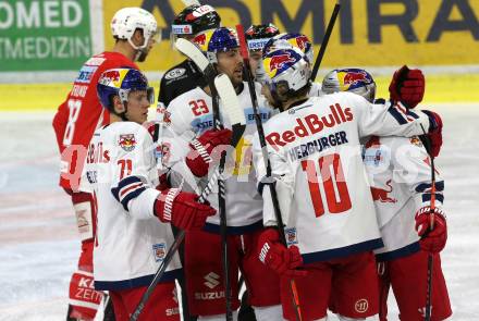 EBEL. Eishockey Bundesliga. KAC gegen	EC Red Bull Salzburg.  Torjubel William Oneill, Ryan Duncan, Raphael Herburger, Brant Harris, Dustin Gazley  (Salzburg). Klagenfurt, am 12.2.2019.
Foto: Kuess

---
pressefotos, pressefotografie, kuess, qs, qspictures, sport, bild, bilder, bilddatenbank