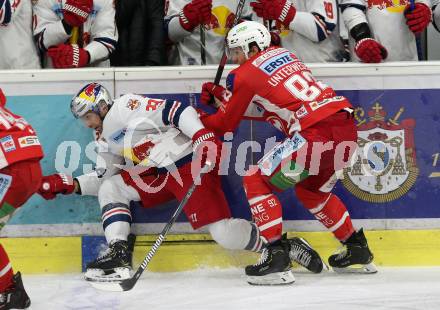 EBEL. Eishockey Bundesliga. KAC gegen	EC Red Bull Salzburg. Clemens Unterweger,  (KAC), Brant Harris (Salzburg). Klagenfurt, am 12.2.2019.
Foto: Kuess

---
pressefotos, pressefotografie, kuess, qs, qspictures, sport, bild, bilder, bilddatenbank
