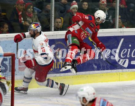 EBEL. Eishockey Bundesliga. KAC gegen	EC Red Bull Salzburg. Siim Liivik,  (KAC), Michael Schiechl (Salzburg). Klagenfurt, am 12.2.2019.
Foto: Kuess

---
pressefotos, pressefotografie, kuess, qs, qspictures, sport, bild, bilder, bilddatenbank