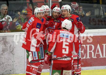 EBEL. Eishockey Bundesliga. KAC gegen	EC Red Bull Salzburg. Torjubel Andrew Jacob Kozek, Patrick Harand, Marco Richter, Clemens Unterweger, Charles Robin Gartner (KAC). Klagenfurt, am 12.2.2019.
Foto: Kuess

---
pressefotos, pressefotografie, kuess, qs, qspictures, sport, bild, bilder, bilddatenbank