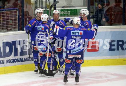 EBEL. Eishockey Bundesliga. EC VSV gegen EHC Liwest Black Wings Linz.   Torjubel Justin Maylan, Blaine Down, Jerry Pollastrone, Jamie Fraser, Matthew Pelech (VSV). Villach, am 14.2.2019.
Foto: Kuess 


---
pressefotos, pressefotografie, kuess, qs, qspictures, sport, bild, bilder, bilddatenbank