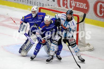 EBEL. Eishockey Bundesliga. EC VSV gegen EHC Liwest Black Wings Linz.   Dan Bakala, Jamie Fraser,  (VSV), Rick Schofield (Linz). Villach, am 14.2.2019.
Foto: Kuess 


---
pressefotos, pressefotografie, kuess, qs, qspictures, sport, bild, bilder, bilddatenbank