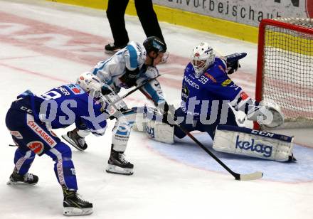 EBEL. Eishockey Bundesliga. EC VSV gegen EHC Liwest Black Wings Linz.   Dan Bakala,  (VSV), Corey Locke (Linz). Villach, am 14.2.2019.
Foto: Kuess 


---
pressefotos, pressefotografie, kuess, qs, qspictures, sport, bild, bilder, bilddatenbank