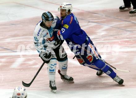 EBEL. Eishockey Bundesliga. EC VSV gegen EHC Liwest Black Wings Linz.   Stefan Bacher,  (VSV), Michael Davies (Linz). Villach, am 14.2.2019.
Foto: Kuess 


---
pressefotos, pressefotografie, kuess, qs, qspictures, sport, bild, bilder, bilddatenbank
