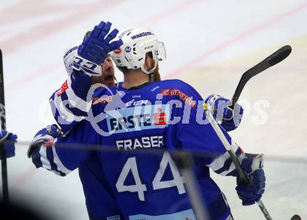 EBEL. Eishockey Bundesliga. EC VSV gegen EHC Liwest Black Wings Linz.   Torjubel Blaine Down, Jamie Fraser (VSV). Villach, am 14.2.2019.
Foto: Kuess 


---
pressefotos, pressefotografie, kuess, qs, qspictures, sport, bild, bilder, bilddatenbank